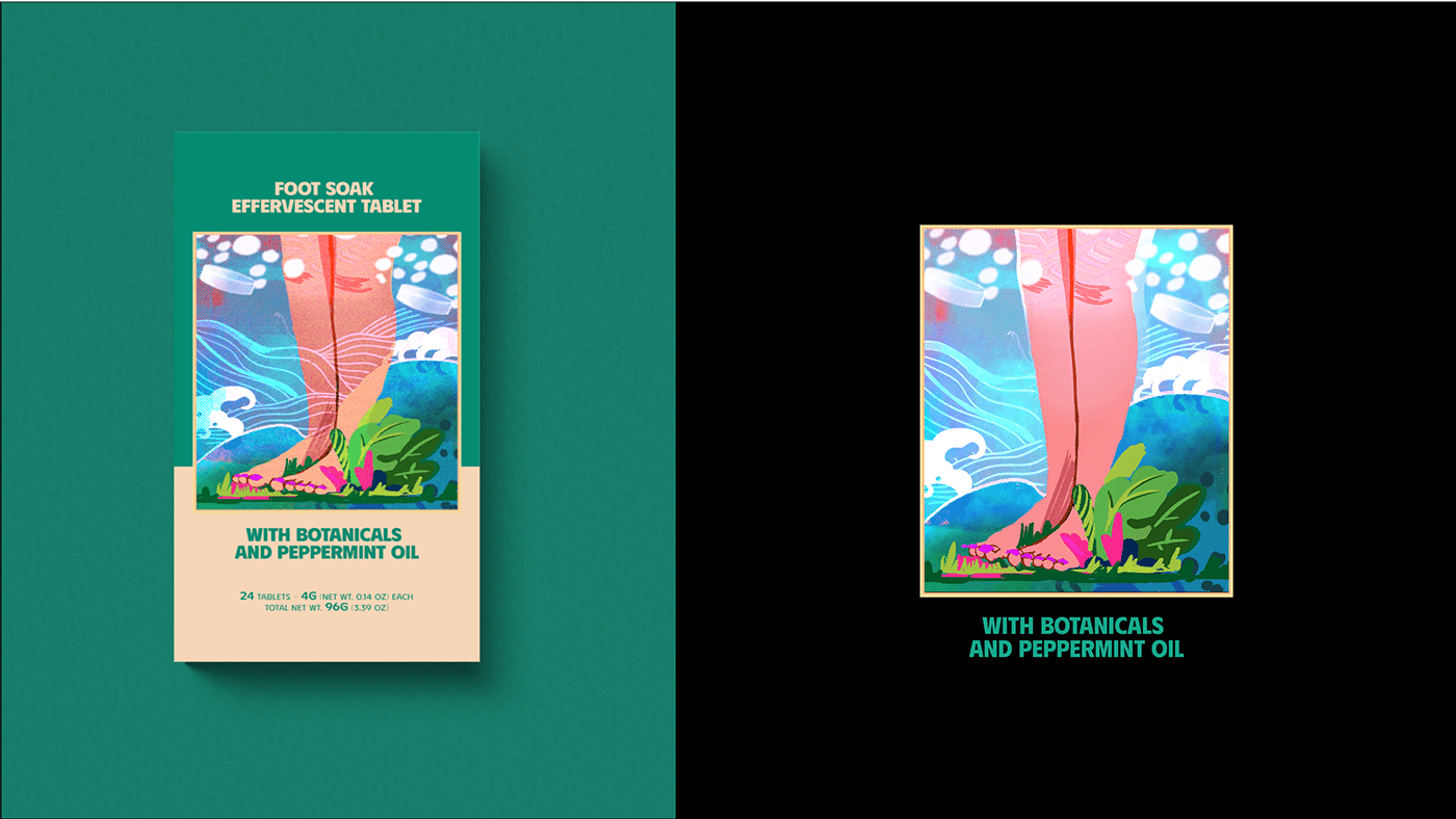 TABLETS 生姜精油泡騰片足浴包包裝設(shè)計(jì)，虛實(shí)結(jié)合的腳部與草本插畫(huà)