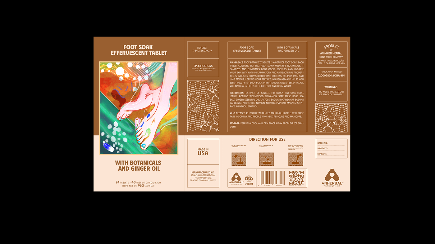 TABLETS 生姜精油泡騰片足浴包包裝設(shè)計(jì)，虛實(shí)結(jié)合的腳部與草本插畫(huà)