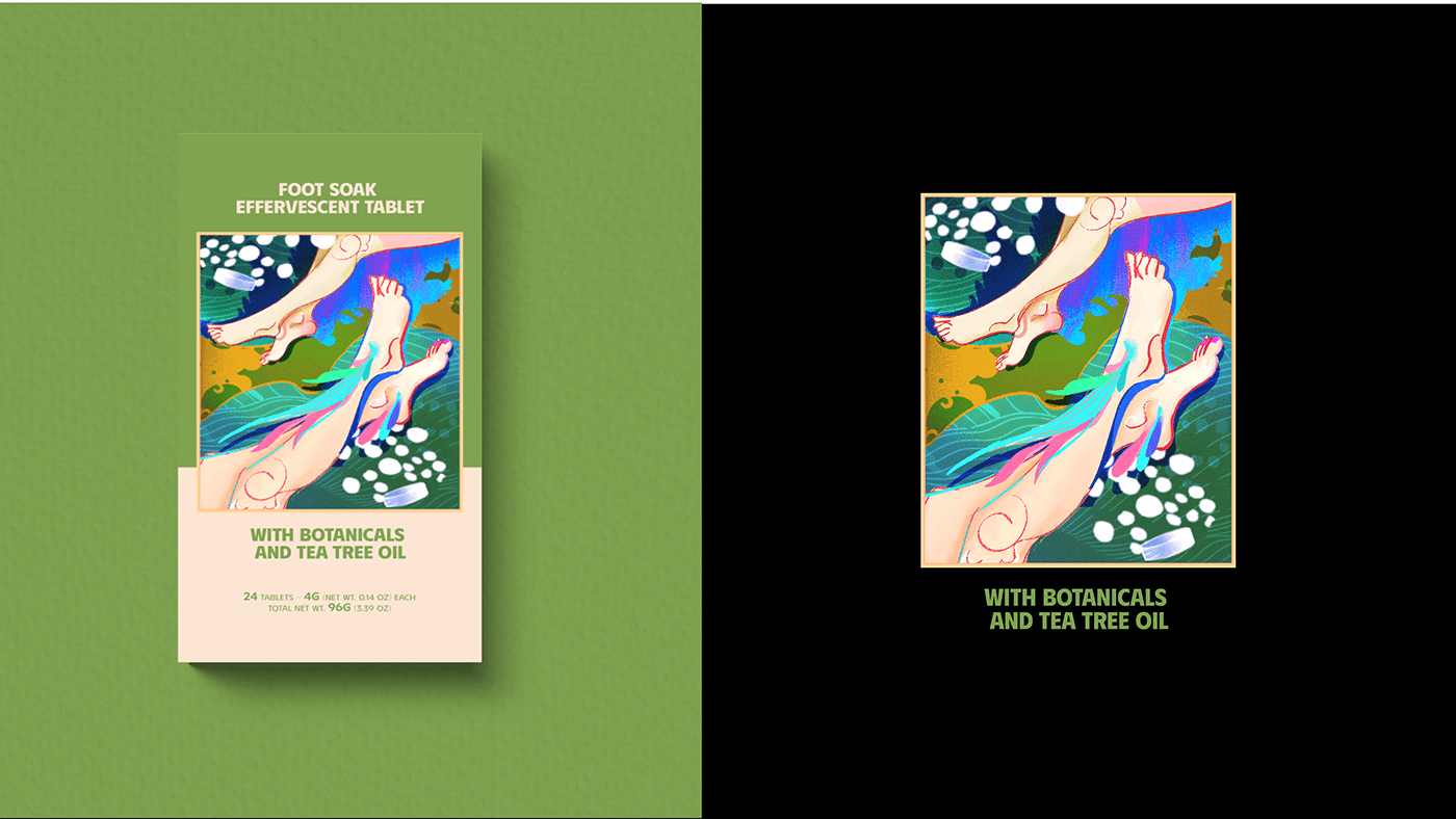 TABLETS 生姜精油泡騰片足浴包包裝設(shè)計(jì)，虛實(shí)結(jié)合的腳部與草本插畫(huà)