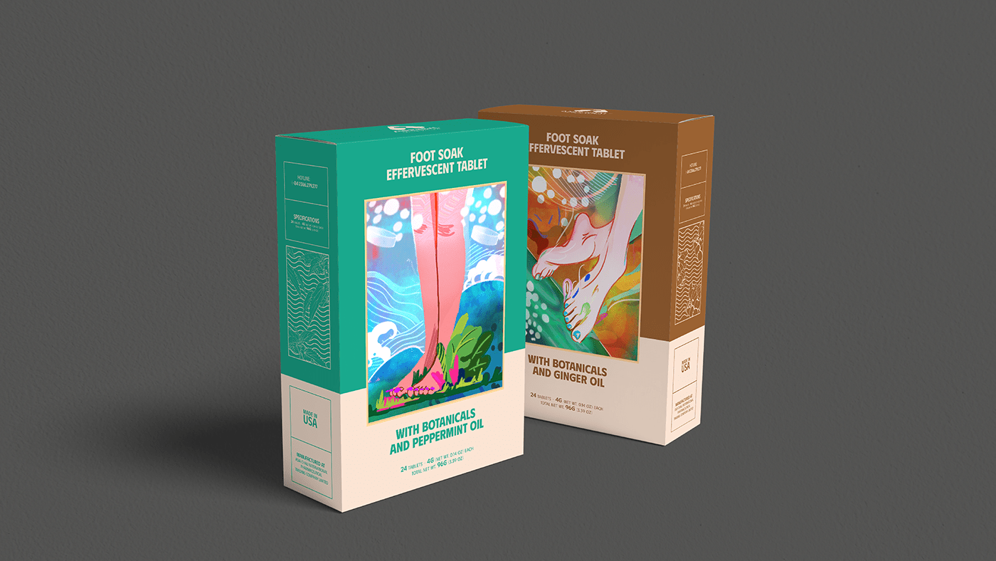 TABLETS 生姜精油泡騰片足浴包包裝設(shè)計(jì)，虛實(shí)結(jié)合的腳部與草本插畫(huà)