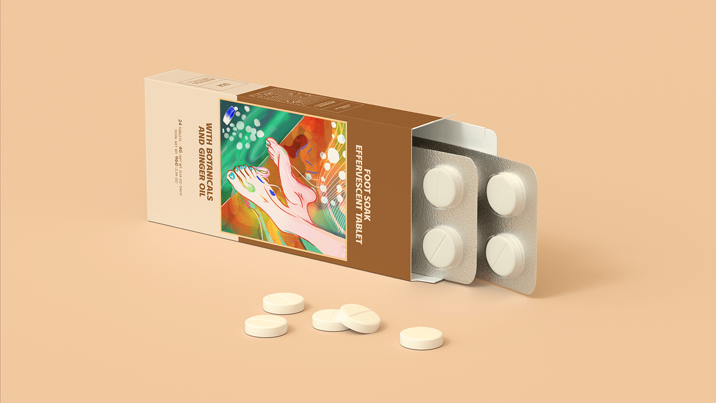 TABLETS 生姜精油泡騰片足浴包包裝設(shè)計(jì)，虛實(shí)結(jié)合的腳部與草本插畫(huà)