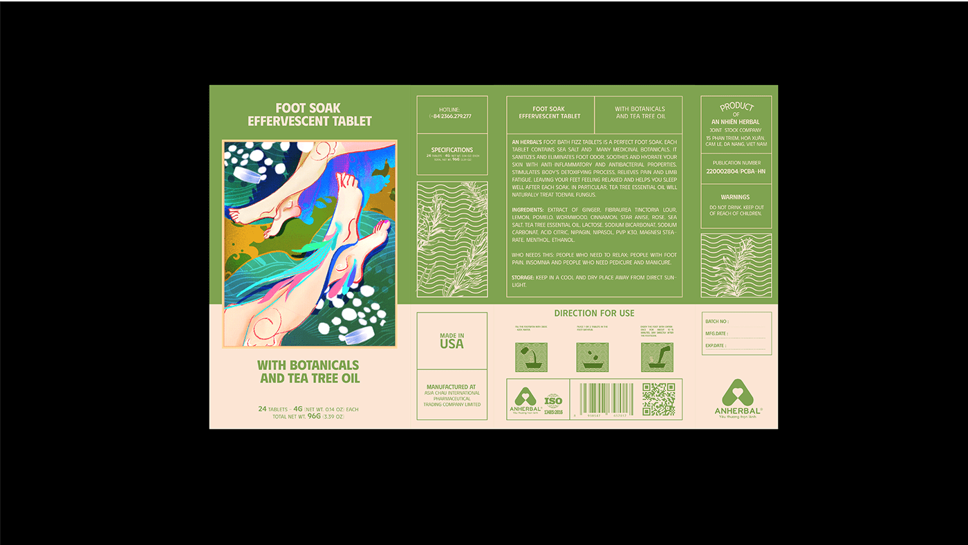 TABLETS 生姜精油泡騰片足浴包包裝設(shè)計(jì)，虛實(shí)結(jié)合的腳部與草本插畫(huà)