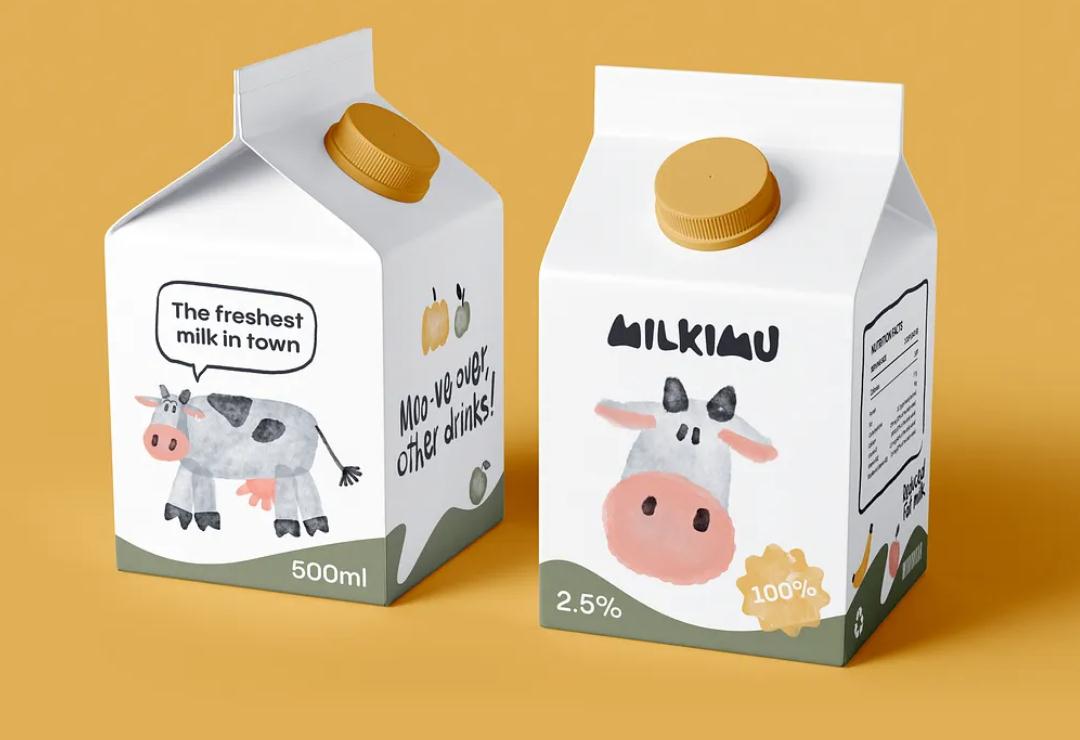 Milkimu牛奶乳制品品牌包裝設(shè)計和營銷圖形，可愛手繪卡通牛牛元素-小牛奶紙盒設(shè)計