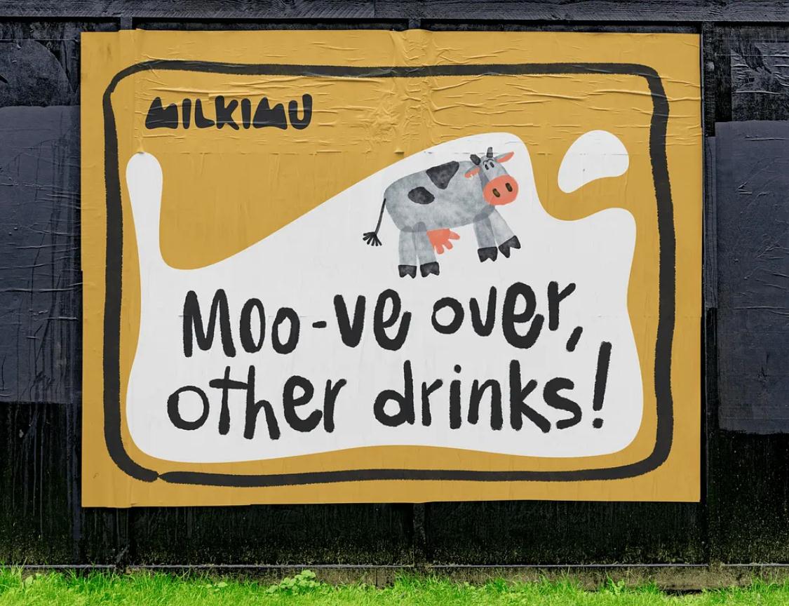 Milkimu牛奶乳制品品牌包裝設(shè)計和營銷圖形，可愛手繪卡通牛牛元素-戶外廣告海報