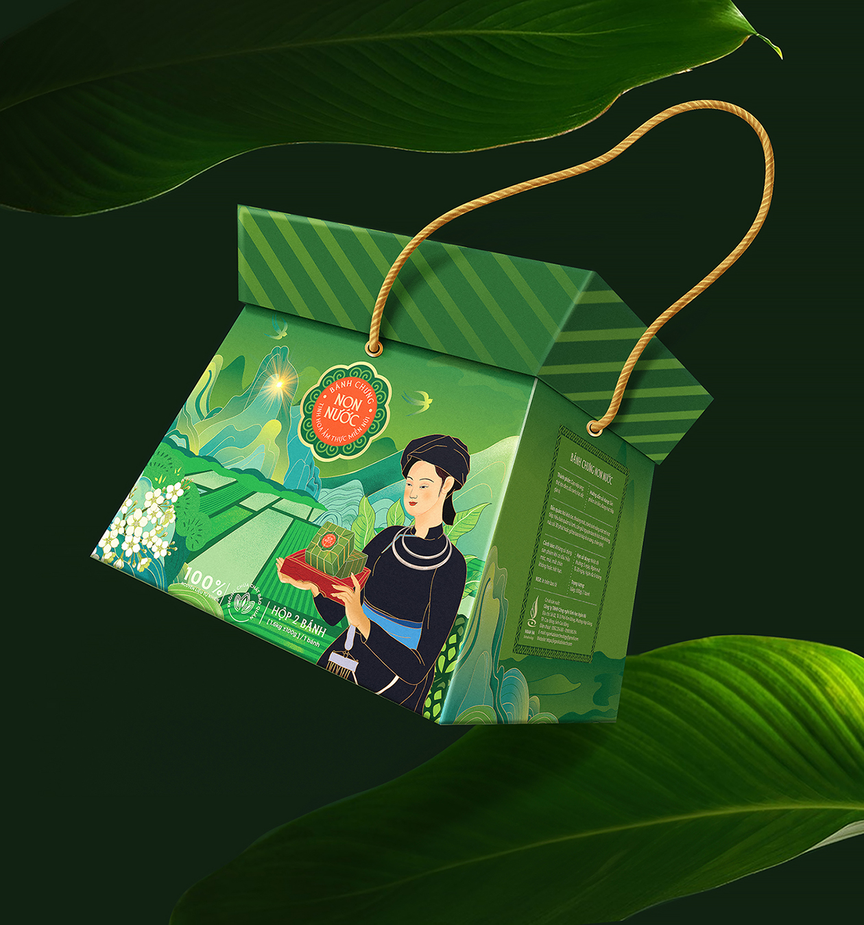 Non Nuoc高平板栗野豬肉粽子包裝設(shè)計，傳統(tǒng)岱族服飾少女+自然田園風(fēng)景插畫