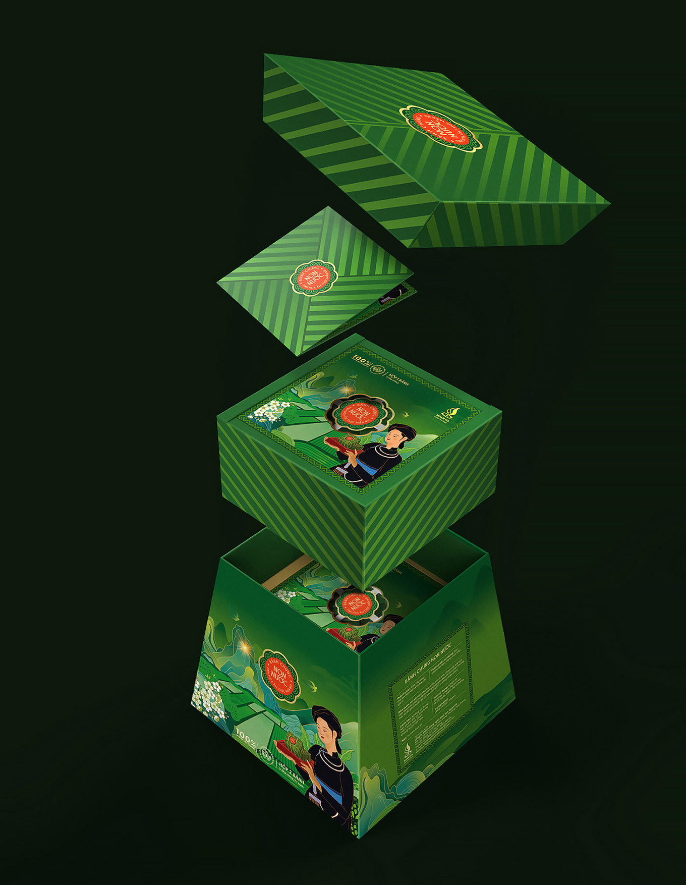 Non Nuoc高平板栗野豬肉粽子禮盒包裝設(shè)計(jì),傳統(tǒng)岱族服飾少女+自然田園風(fēng)景插畫 Non Nuoc高平板栗野豬肉粽子禮盒包裝設(shè)計(jì),傳統(tǒng)岱族服飾少女+自然田園風(fēng)景插畫