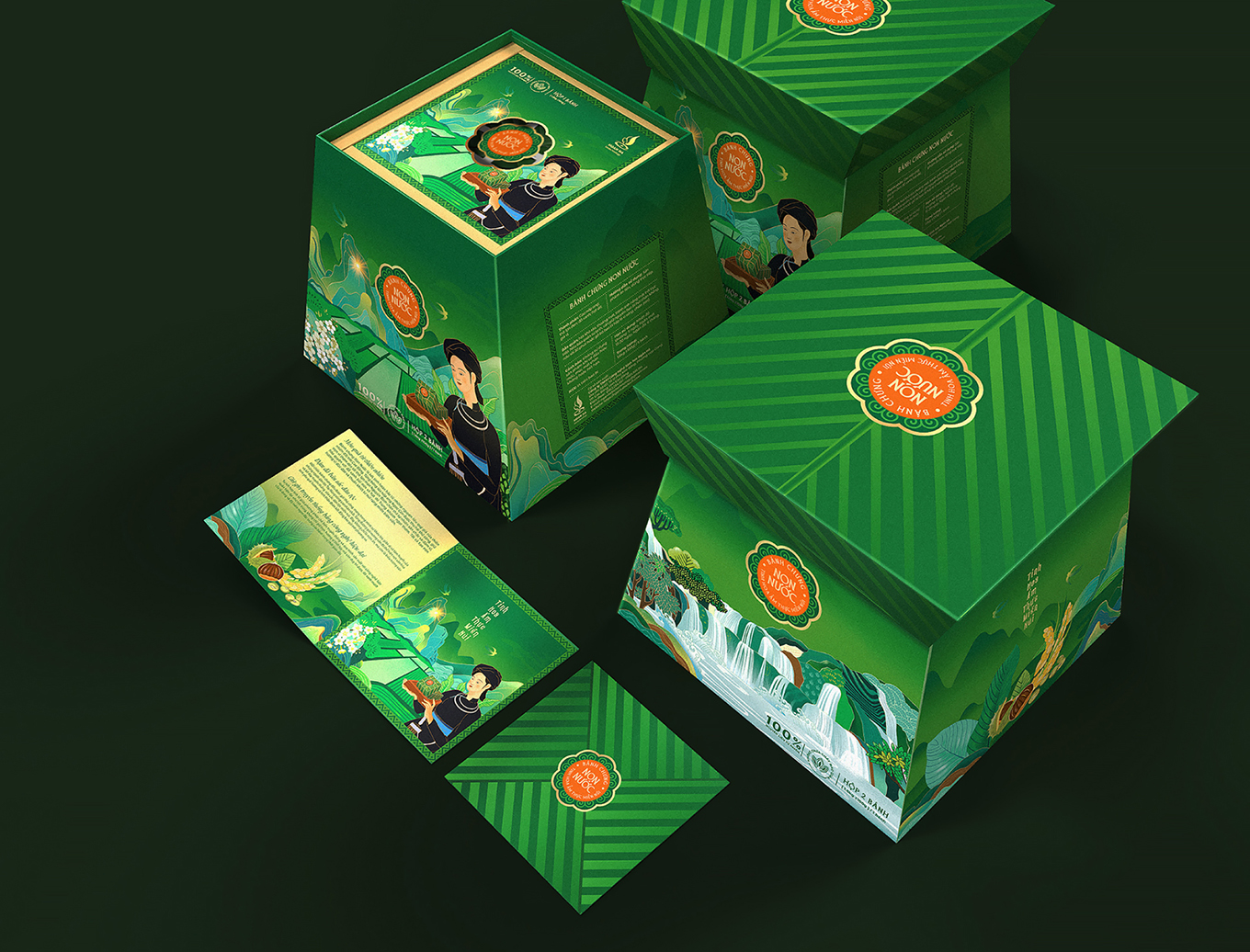 Non Nuoc高平板栗野豬肉粽子禮盒包裝設(shè)計(jì),傳統(tǒng)岱族服飾少女+自然田園風(fēng)景插畫 Non Nuoc高平板栗野豬肉粽子禮盒包裝設(shè)計(jì),傳統(tǒng)岱族服飾少女+自然田園風(fēng)景插畫