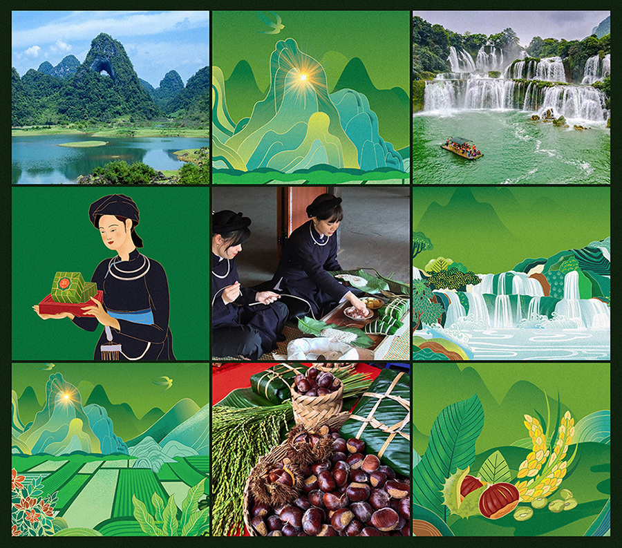 Non Nuoc高平板栗野豬肉粽子禮盒包裝設(shè)計(jì),傳統(tǒng)岱族服飾少女+自然田園風(fēng)景插畫 Non Nuoc高平板栗野豬肉粽子禮盒包裝設(shè)計(jì),傳統(tǒng)岱族服飾少女+自然田園風(fēng)景插畫