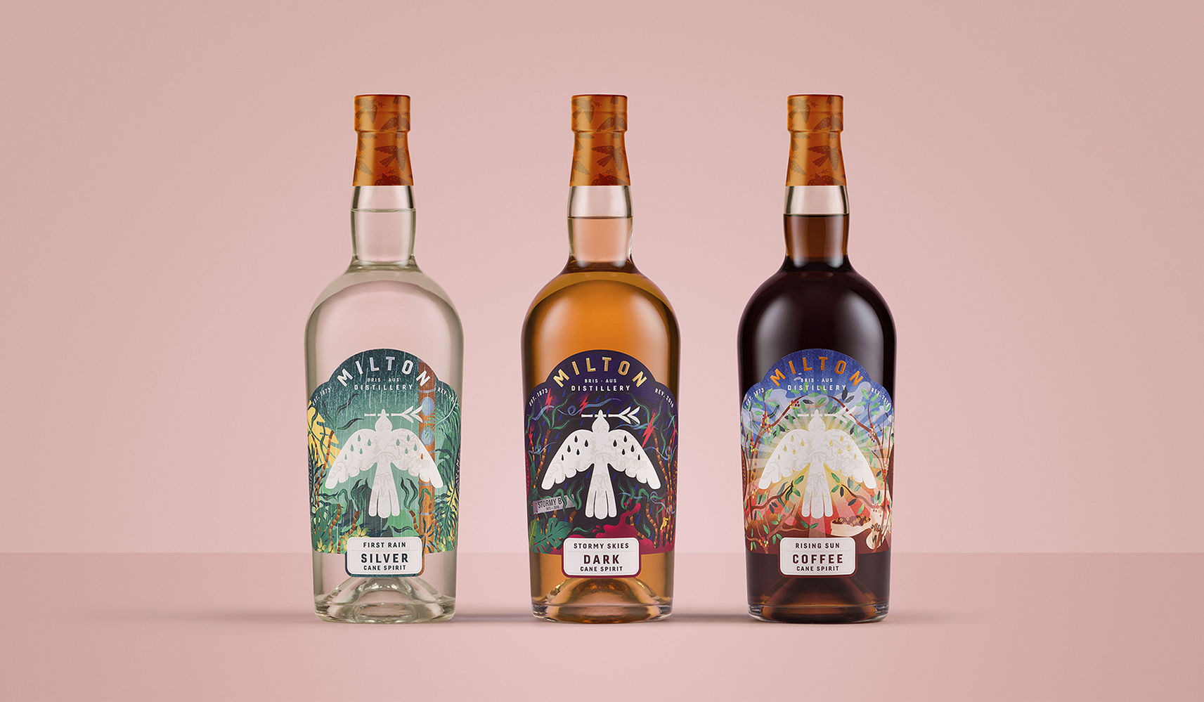 米爾頓酒廠朗姆酒標(biāo)簽包裝設(shè)計(jì)，噪鵑鳥(niǎo)核心識(shí)別元素統(tǒng)領(lǐng)所有包裝架構(gòu)