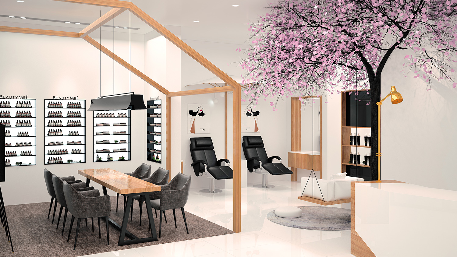 Beautymei水魅兒美甲護膚化妝品專賣體驗店鋪空間設(shè)計，黑色+深原木色風(fēng)格